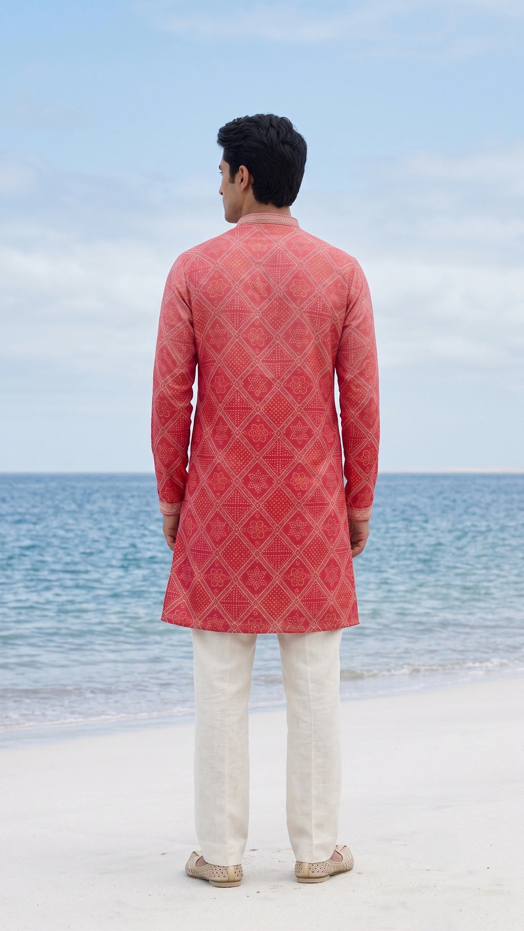 Men's Coral Pink & Red Bandhej Motif Kurta with Embroidered Mandarin Collar