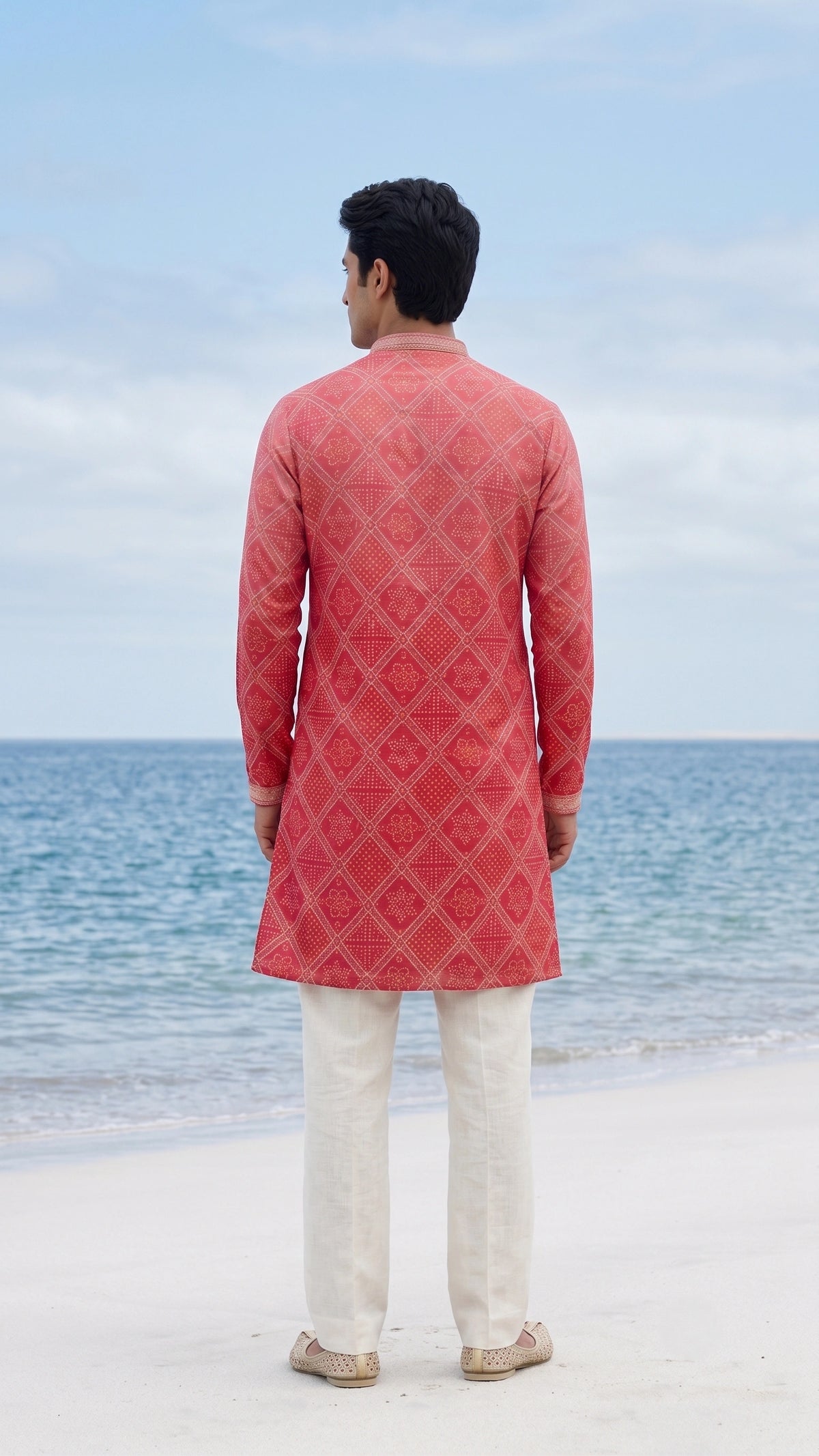 Men's Coral Pink & Red Bandhej Motif Kurta with Embroidered Mandarin Collar