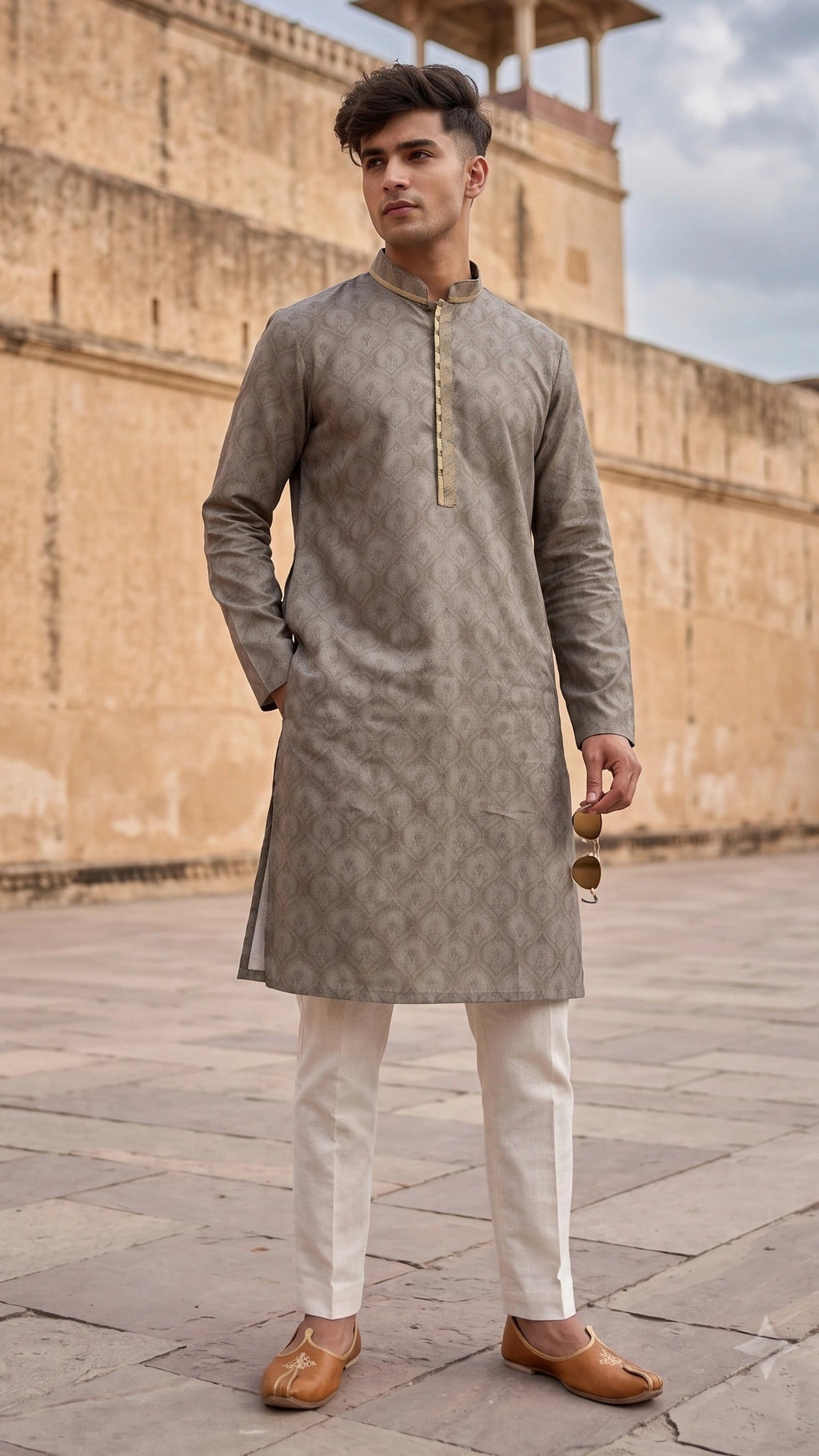 Sage Grey Printed Festive Kurta with Gold Embroidered Placket