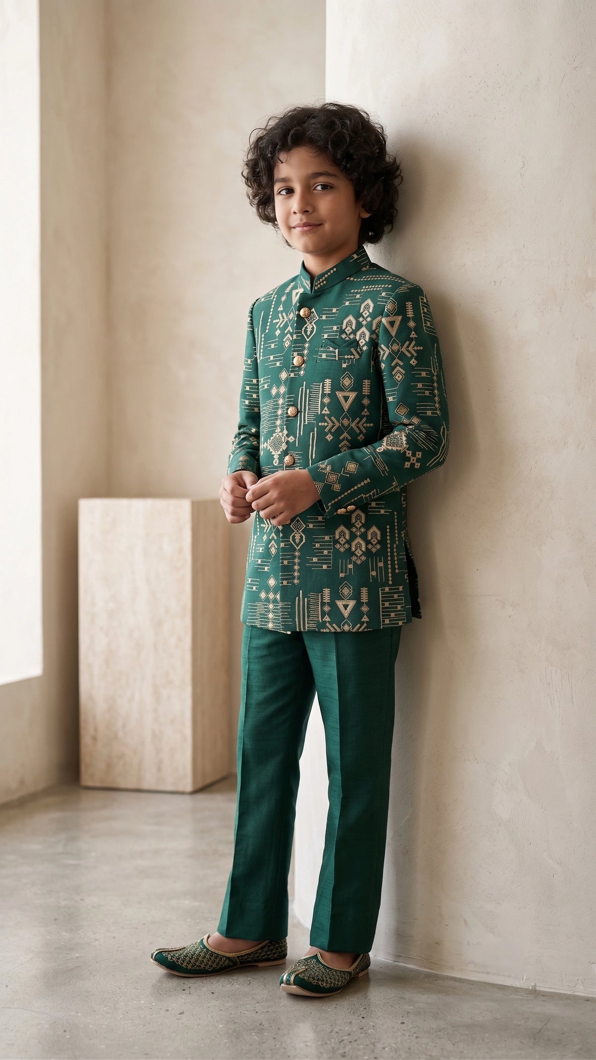 Royal Emerald Embroidered Semi-Indowestern Set for Boys