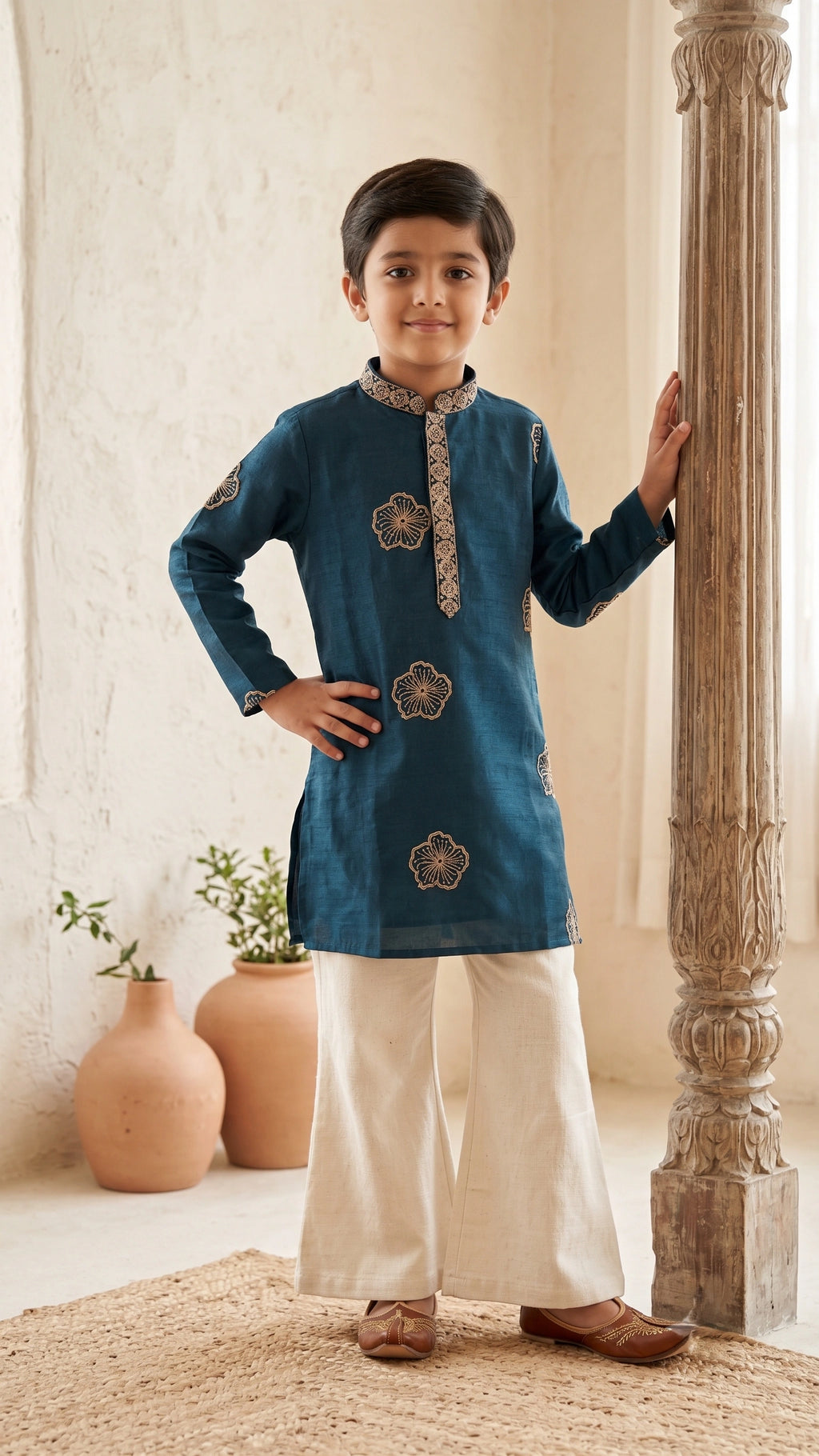 Teal Blue Embroidered Kurta Set with Bell-Bottom Trousers