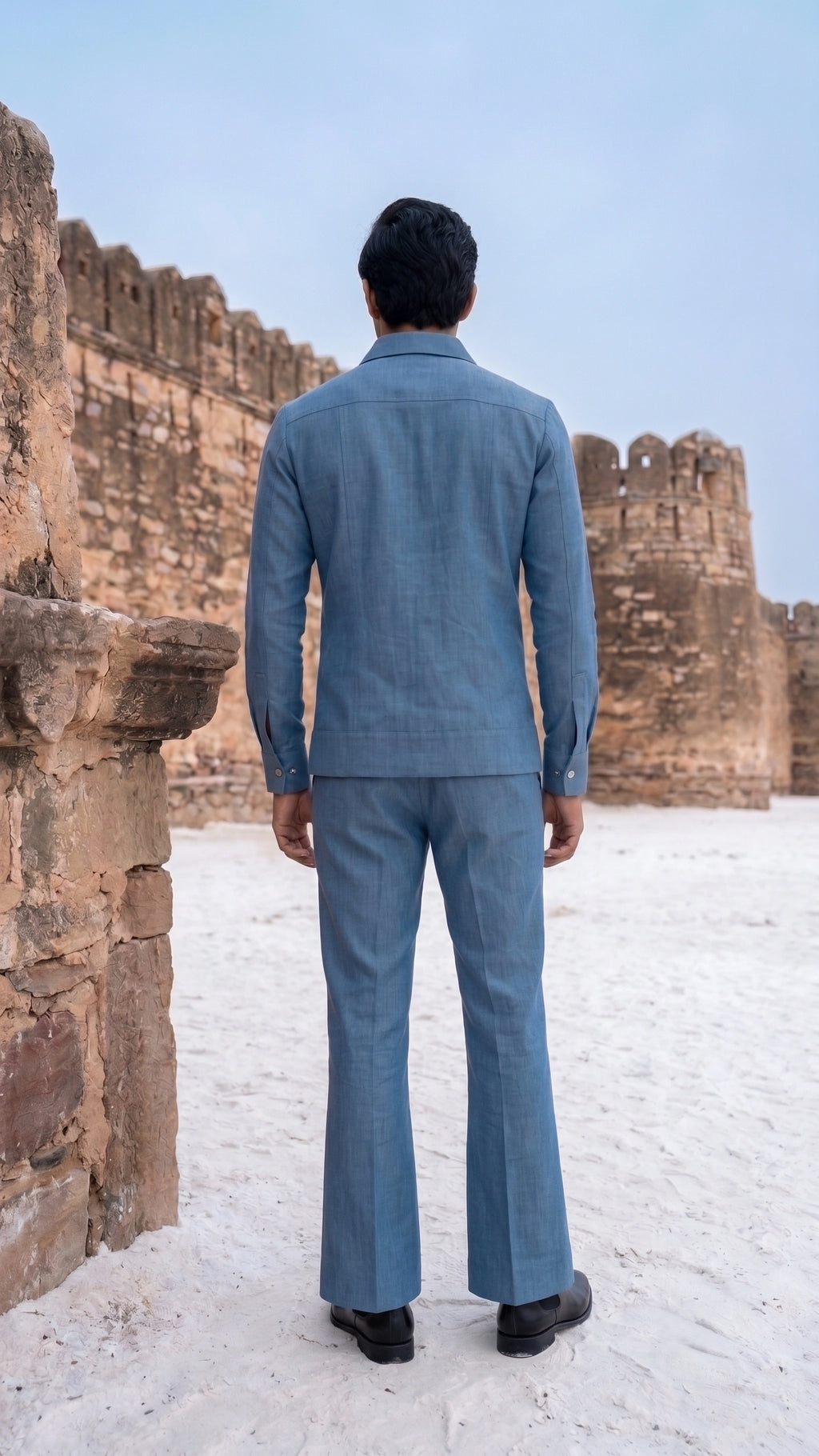 Steel Blue Structured Zip Bomber & Flared Trouser Ensemble