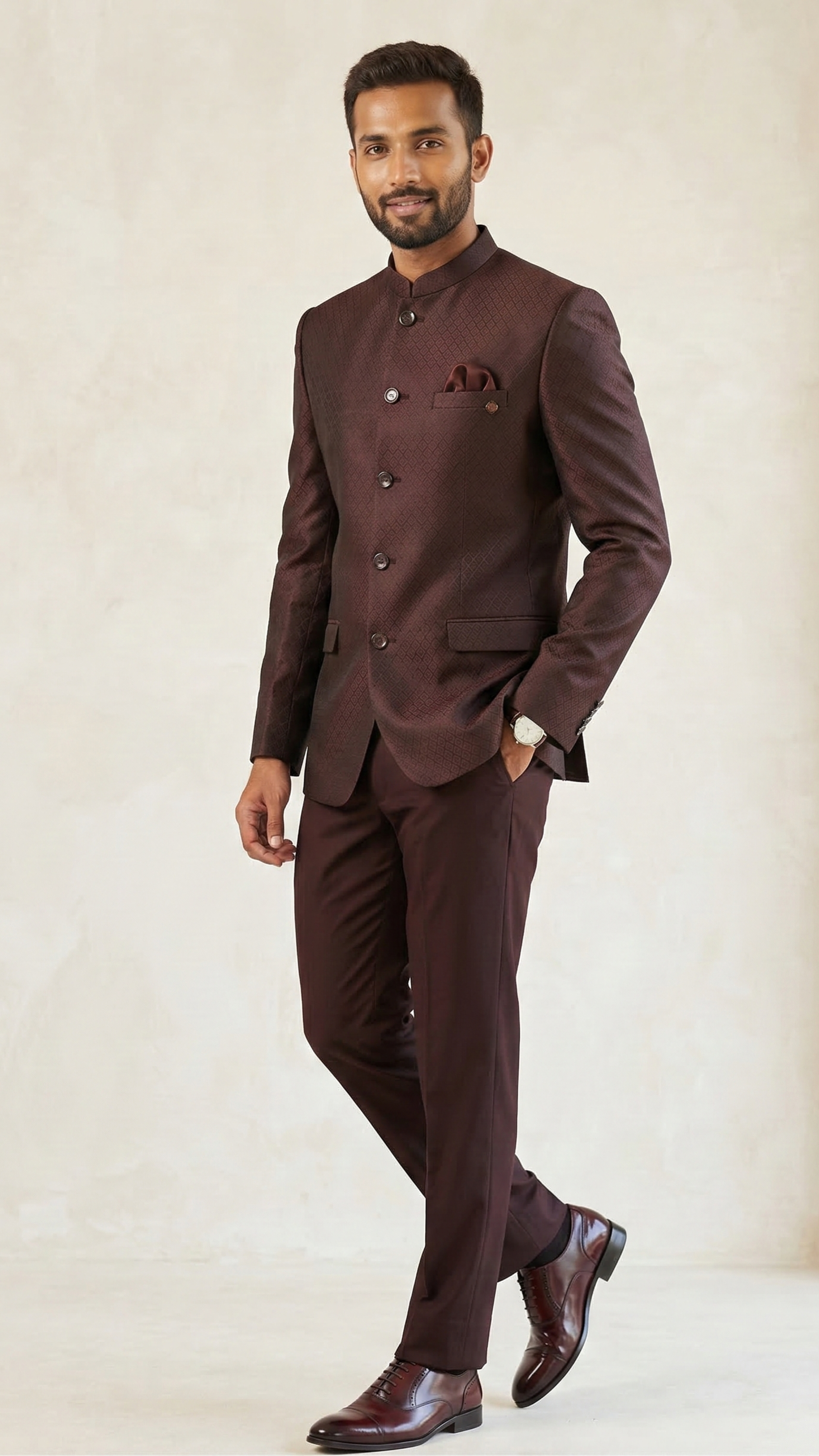 Men’s Deep Wine Textured Jodhpuri Suit with Mandarin Collar