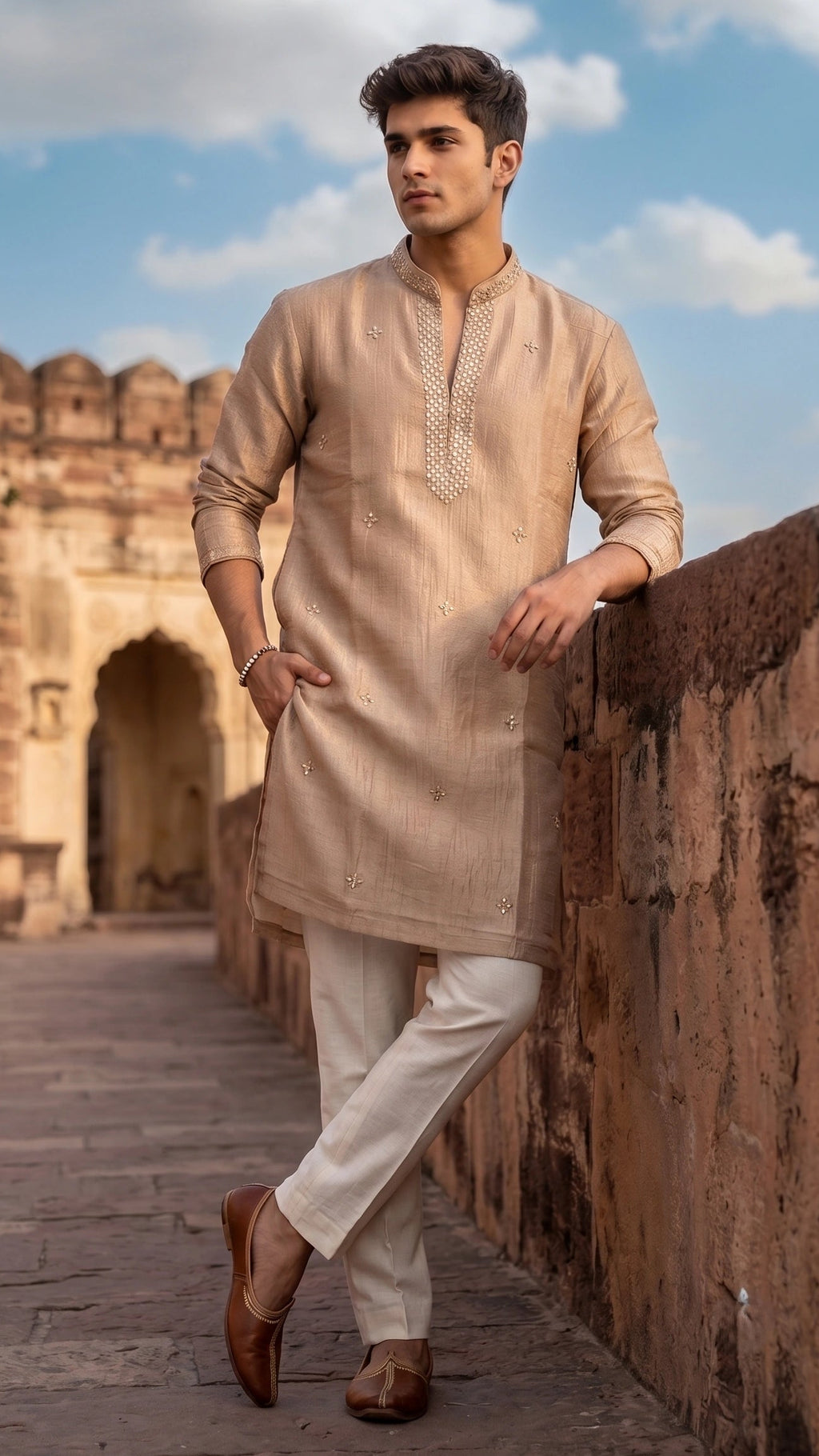 Champagne Gold Embroidered Silk Kurta with Intricate Mirror Detailing