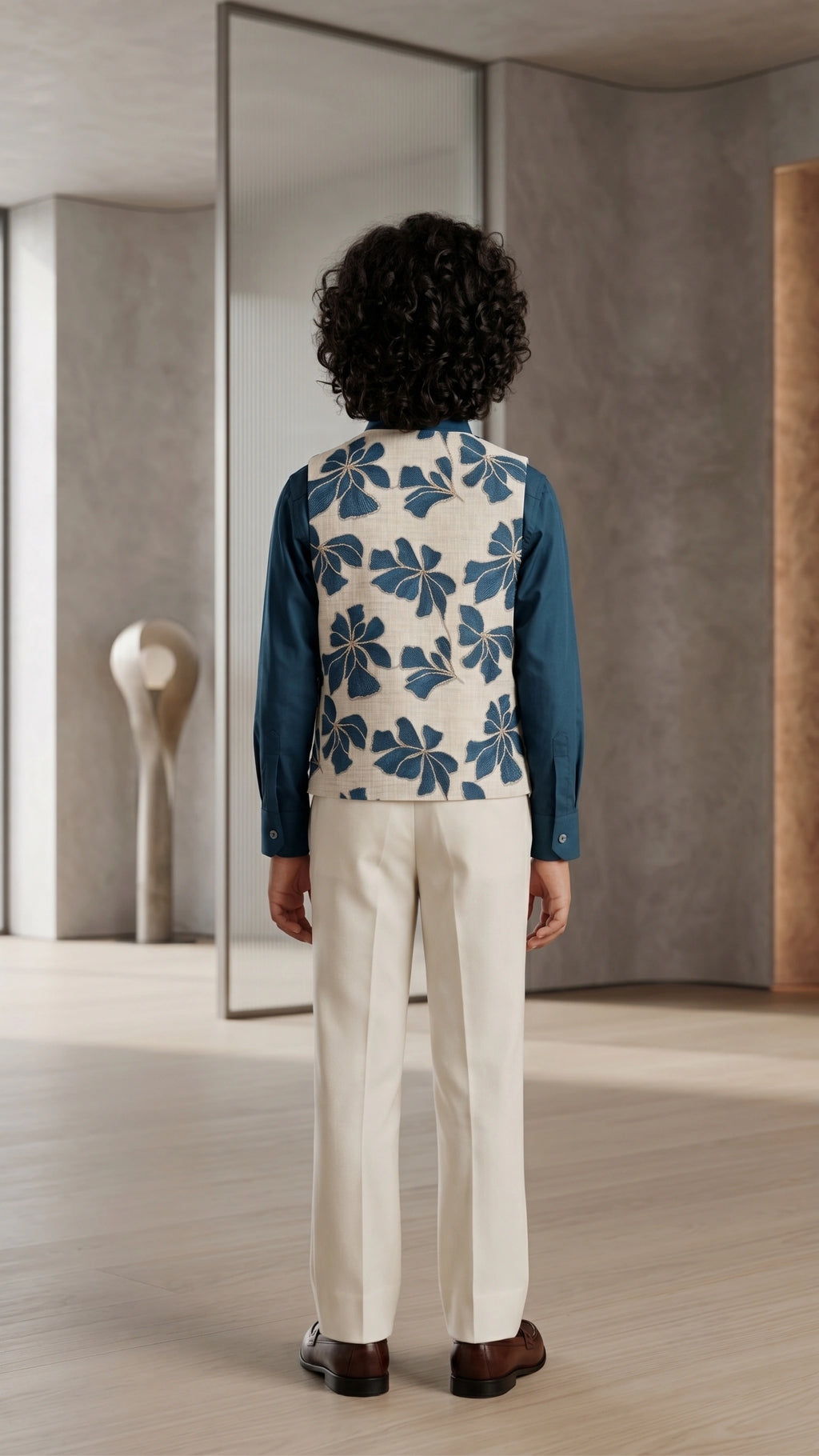 Boys Royal Blue & Ivory Floral Embroidered Waistcoat Suit Set with Matching Bowtie