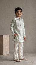 Boys’ Mint Green Mirror Embroidered Kurta & Off-White Bootcut Pant Set