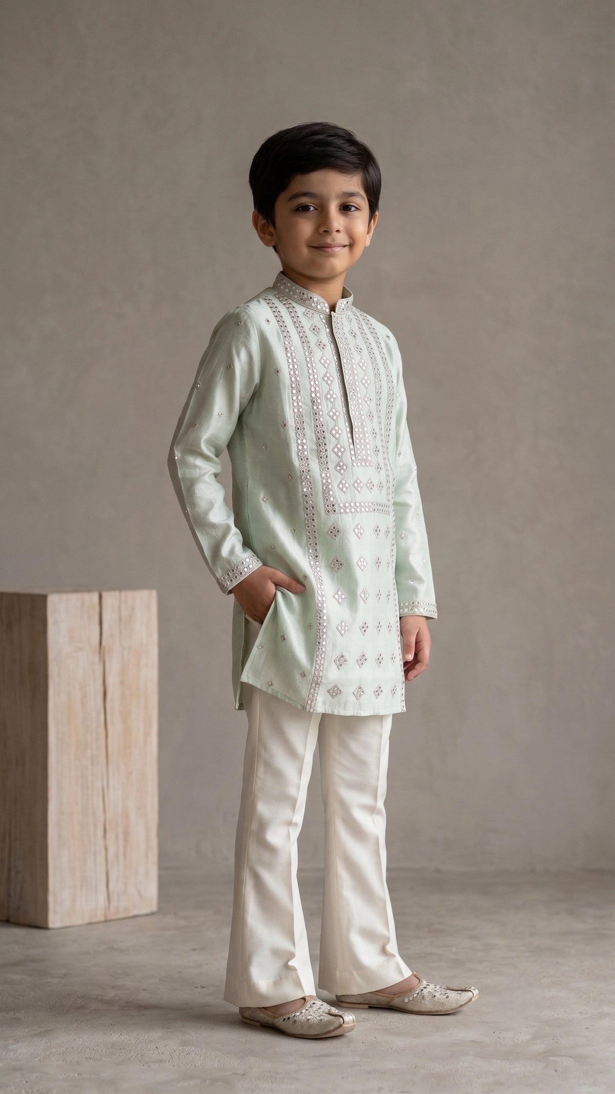 Boys’ Mint Green Mirror Embroidered Kurta & Off-White Bootcut Pant Set