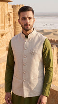 Champagne Textured Raw Silk Nehru Jacket with Handcrafted Star Brooch