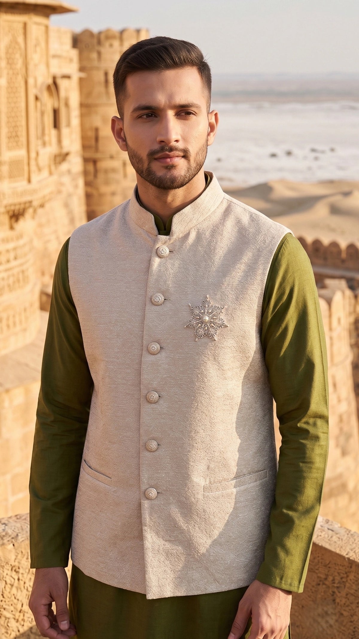 Champagne Textured Raw Silk Nehru Jacket with Handcrafted Star Brooch