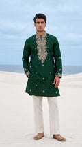 Emerald Green Embroidered Kurta Set with Tailored Off-White Trousers