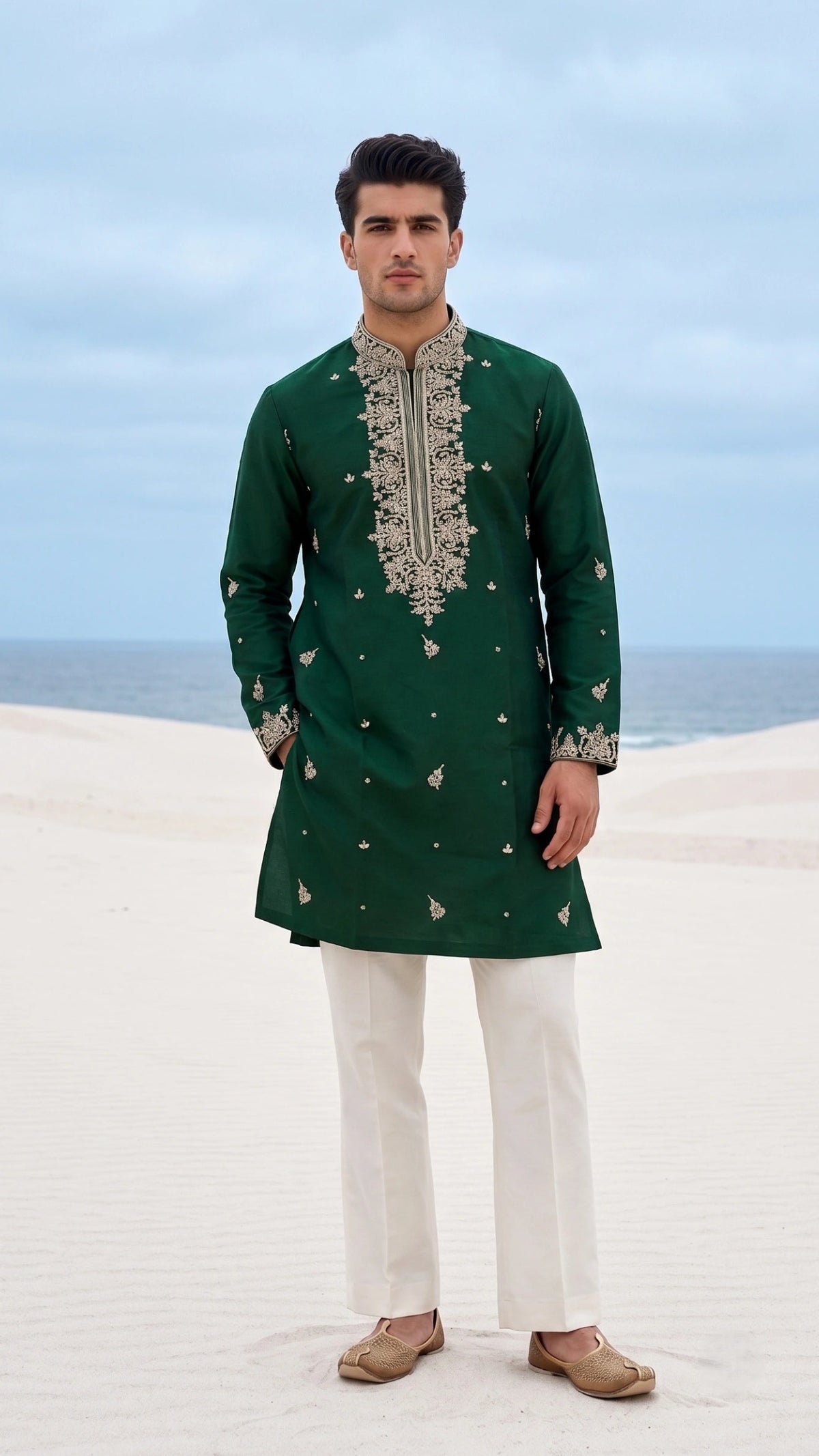 Emerald Green Embroidered Kurta Set with Tailored Off-White Trousers