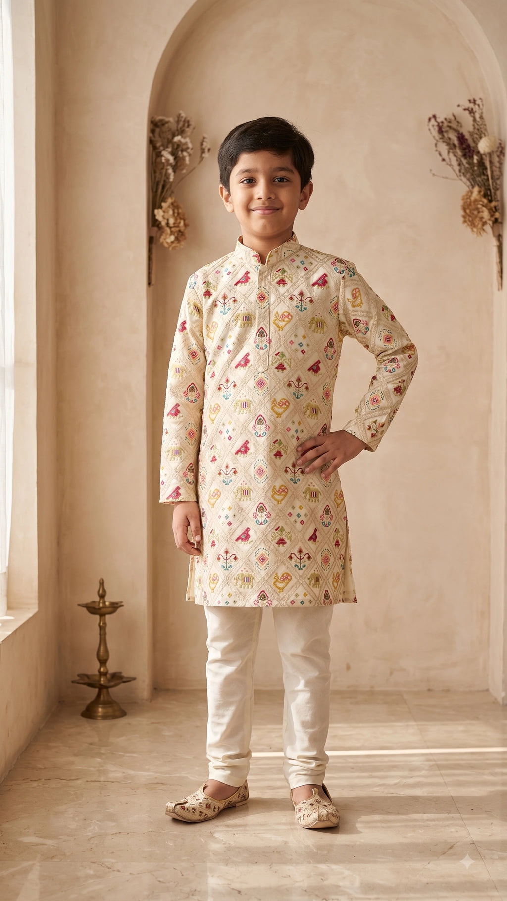 Boys Cream Patola Print Silk Kurta Set