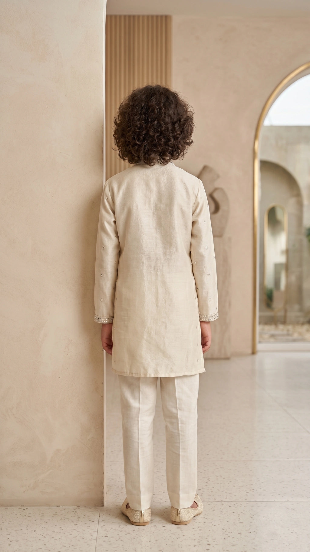 Ivory Hand-Embroidered Mirror-Work Kurta Set for Boys