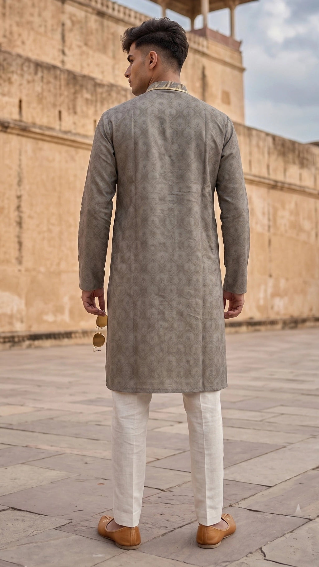 Sage Grey Printed Festive Kurta with Gold Embroidered Placket