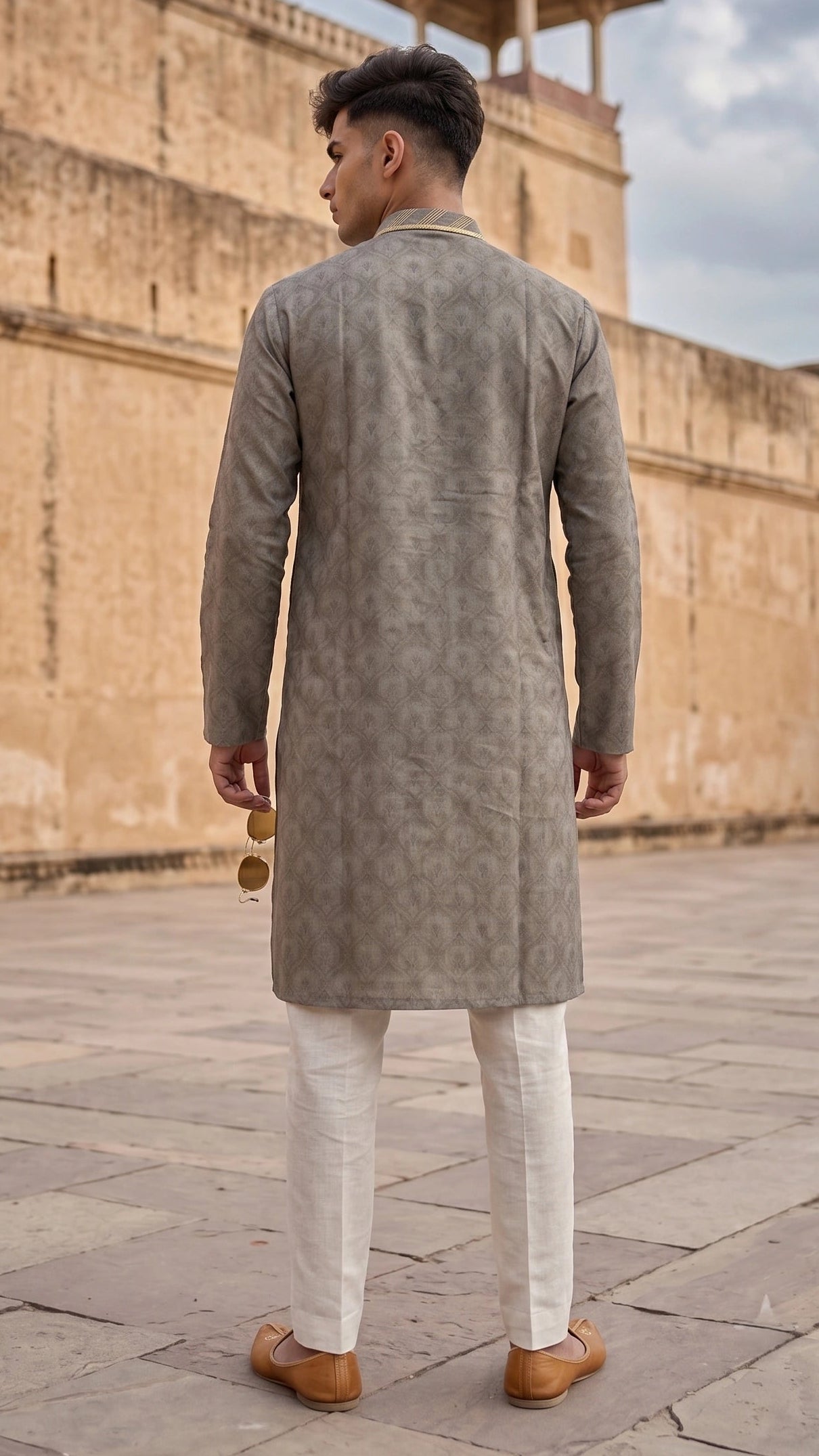 Sage Grey Printed Festive Kurta with Gold Embroidered Placket