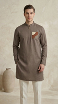Modern Taupe Zippered Kurta with Geometric Embroidery