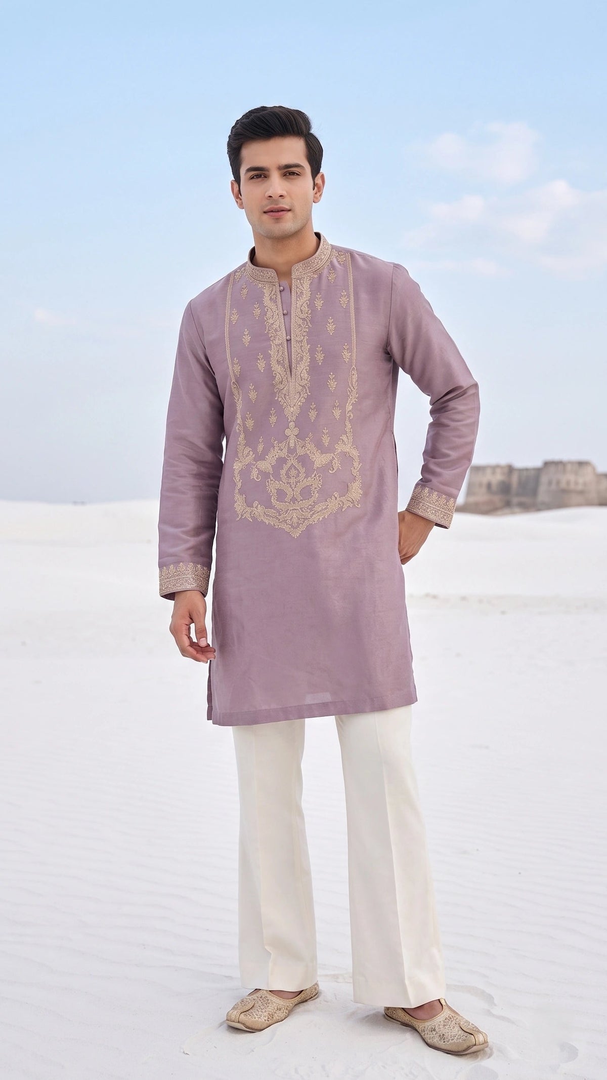 Royal Dusty Lilac Neck-Embroidered Designer Kurta