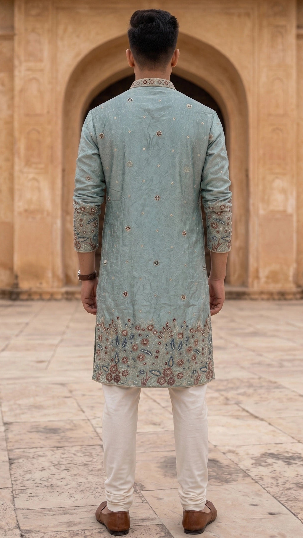 Dusty Aqua Textured Silk Kurta with Intricate Floral Border & Mirror-Work Placket