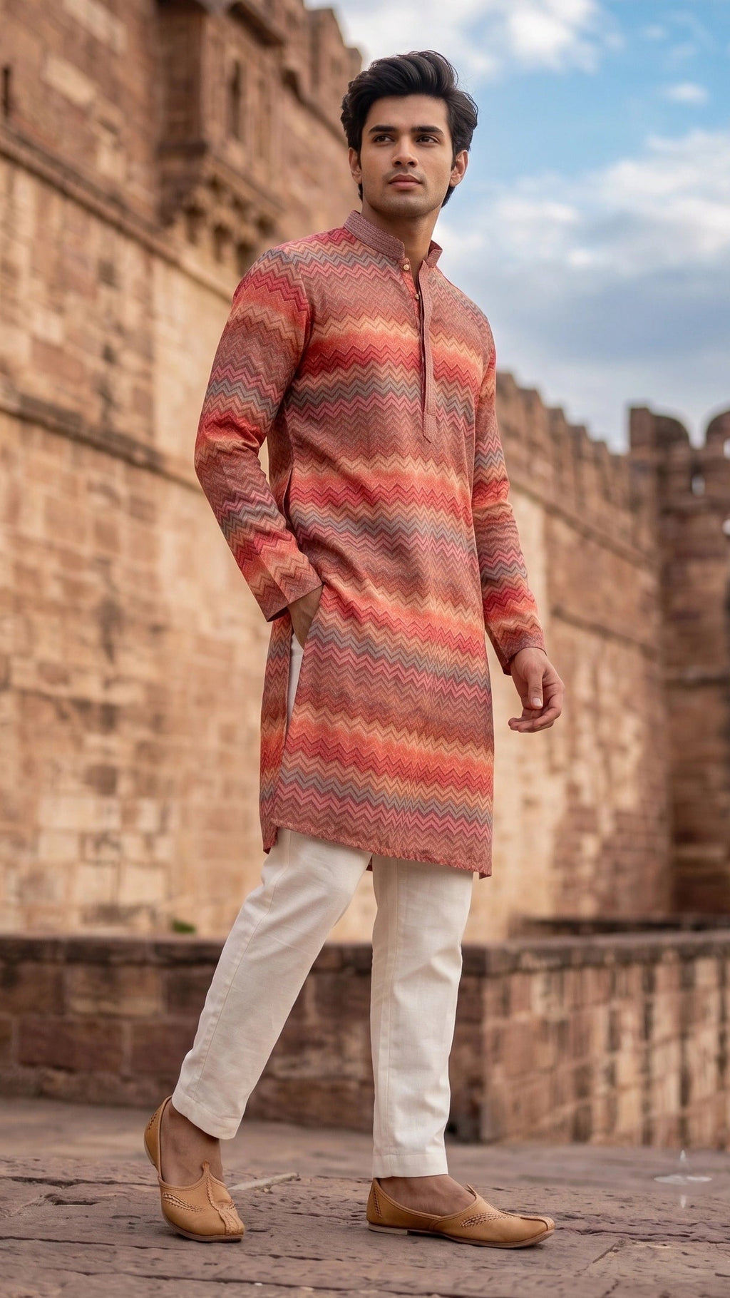 Rust & Multi-Hue Chevron Printed Mandarin Collar Kurta
