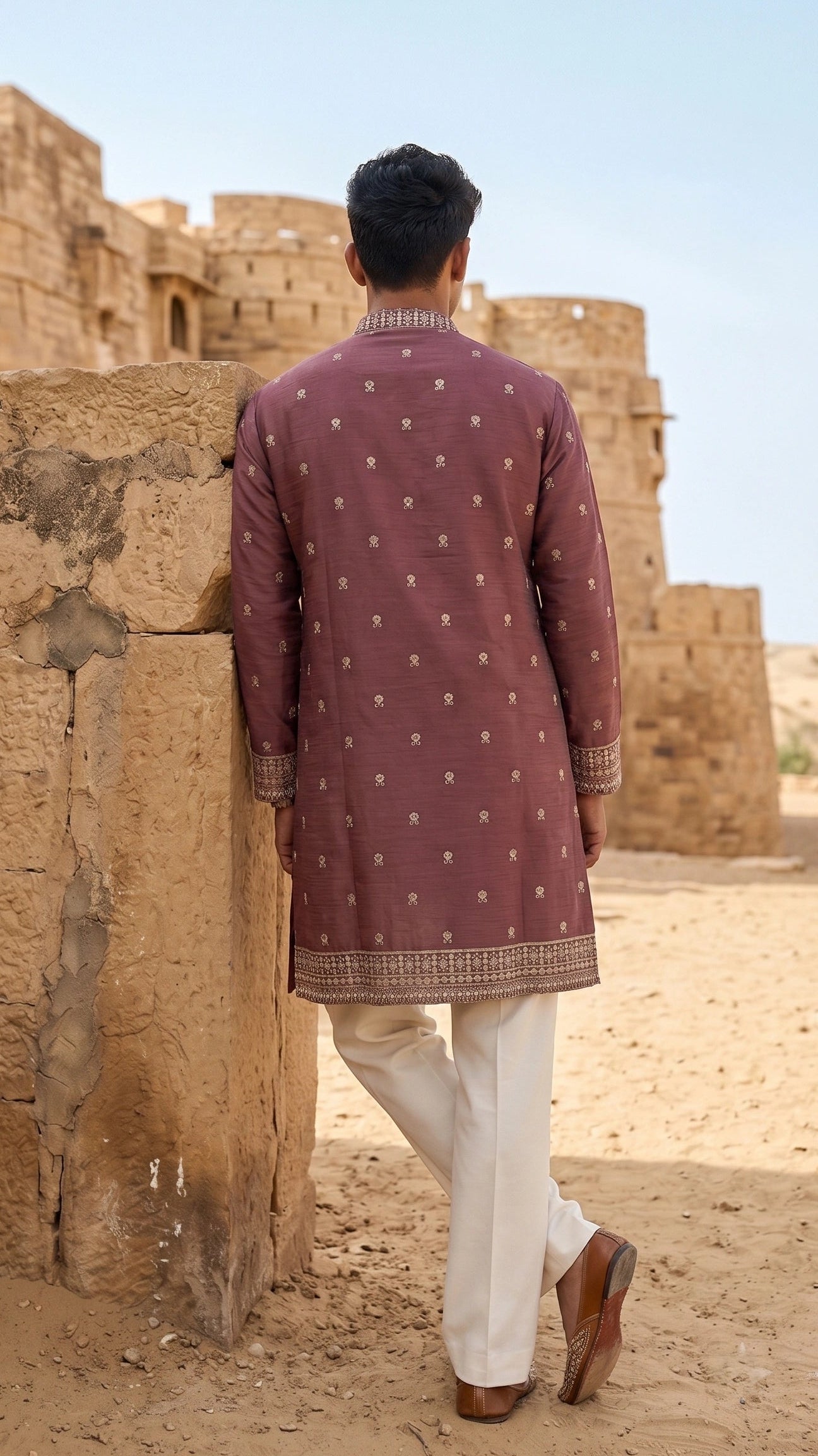 Dusty Mauve Embroidered Raw Silk Kurta Set with Bell-Bottom Trousers