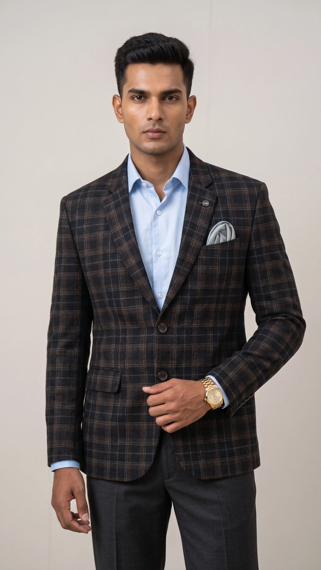 Men’s Tailored Charcoal & Mocha Tartan Plaid Blazer