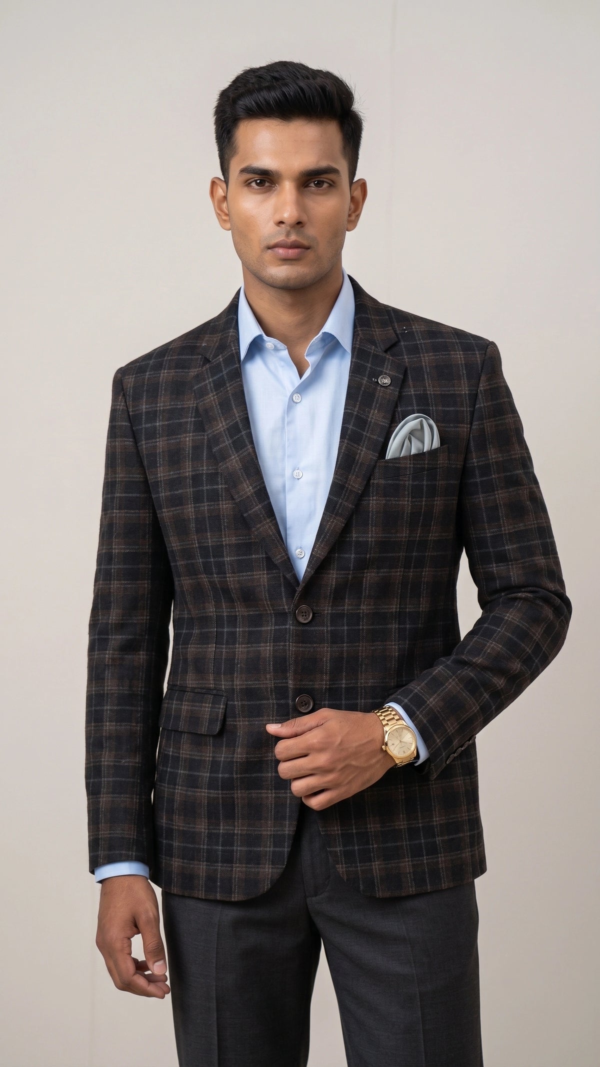 Men’s Tailored Charcoal & Mocha Tartan Plaid Blazer