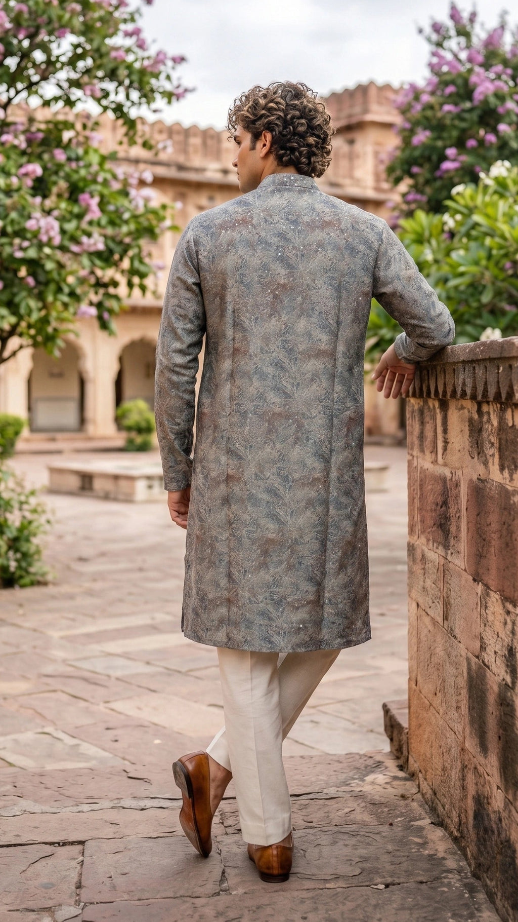 Slate Grey Digital Print Kurta with Subtle Sequins & Placket Detail