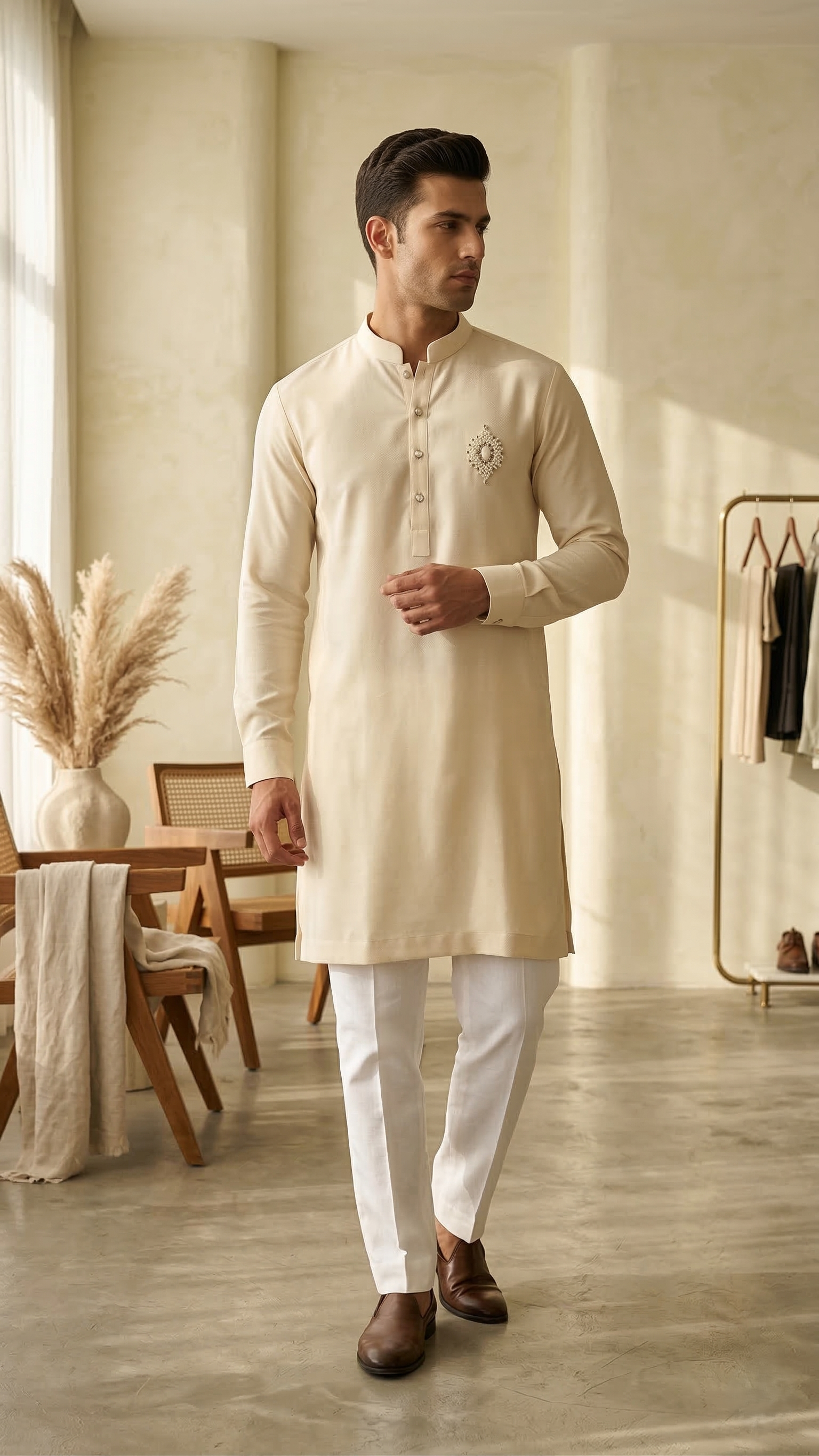 Elegant Cream Silk-Blend Kurta with Ornate Brooch