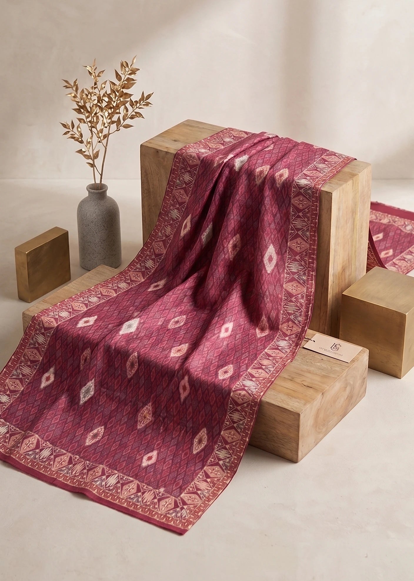 Wine Magenta Ikat Geometric Pashmina Stole