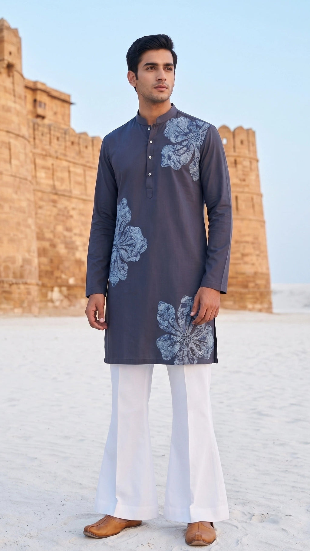 Midnight Charcoal Floral Embroidered Kurta – Modern Luxury Ethnic Wear