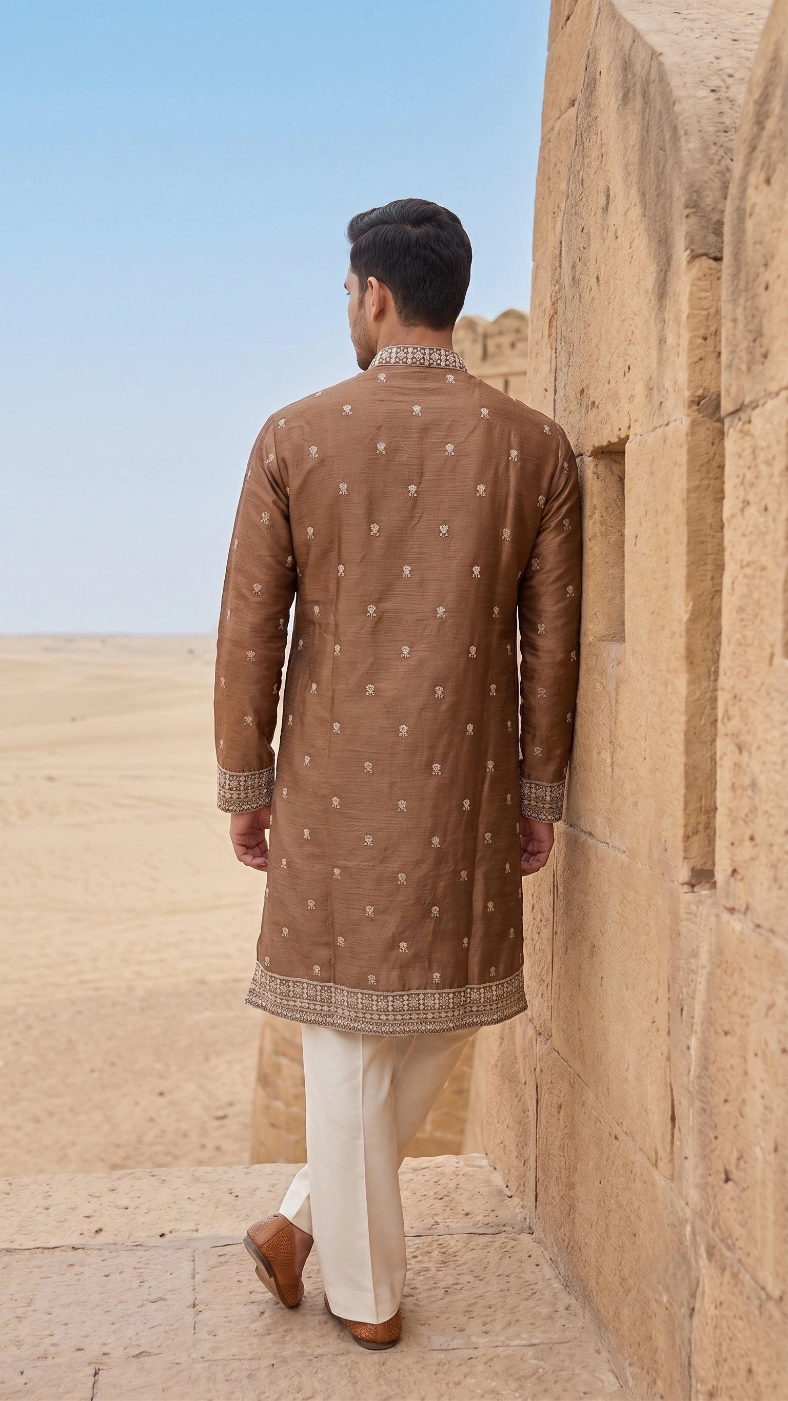 Metallic Bronze Silk Embroidered Kurta for Men