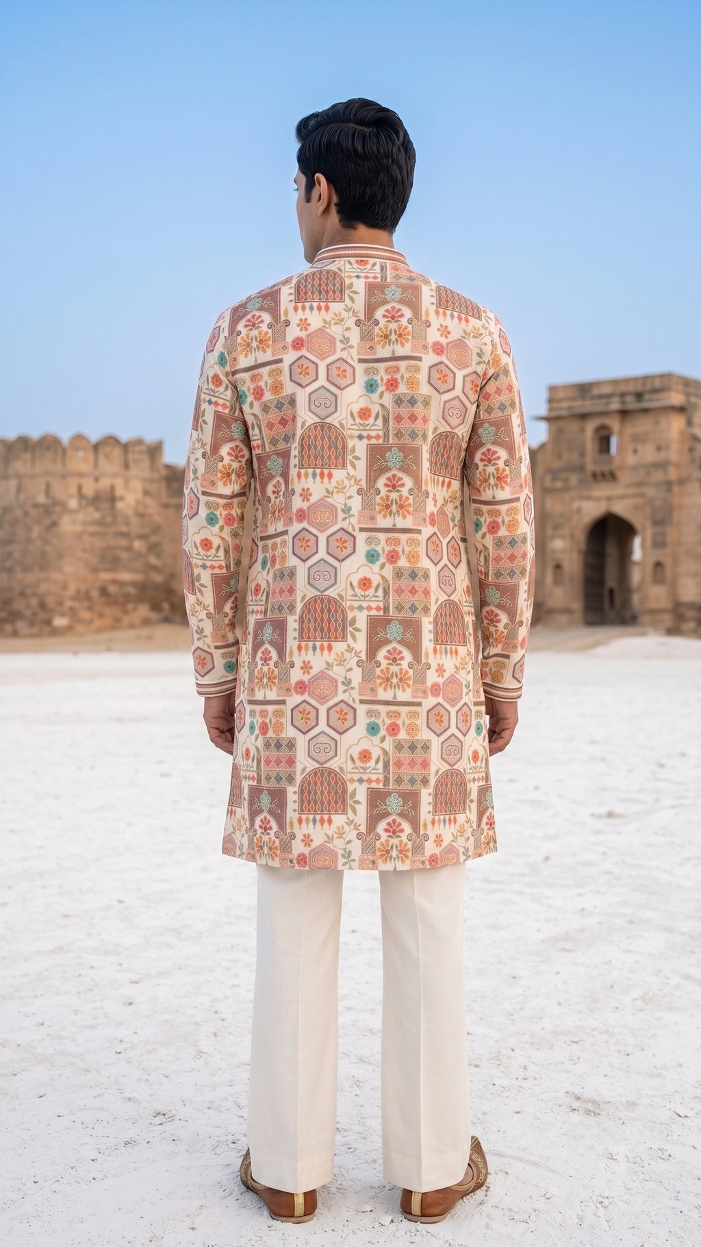 The Jharokha Motif Silk Kurta in Ivory & Muted Pastels