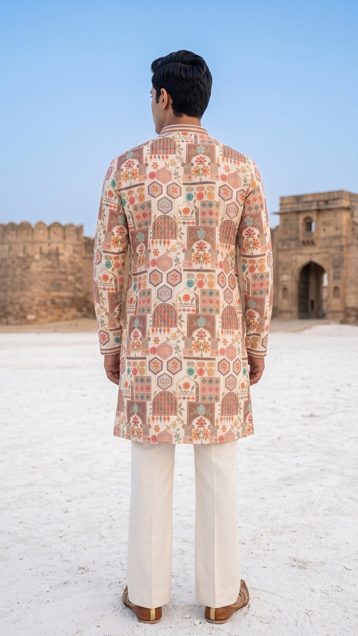 The Jharokha Motif Silk Kurta in Ivory & Muted Pastels