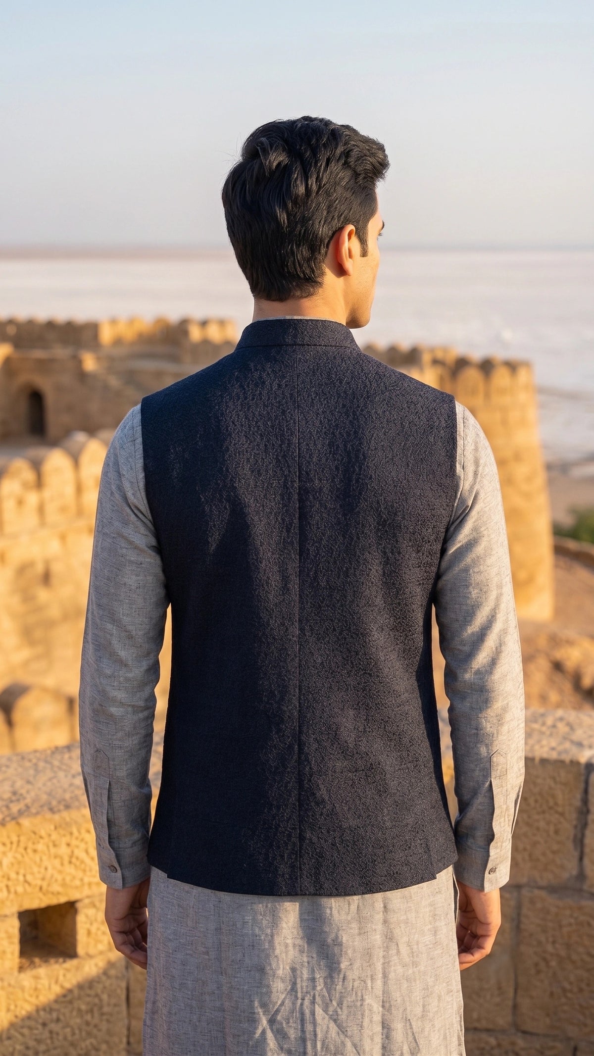 Midnight Navy Textured Nehru Jacket / Waistcoat