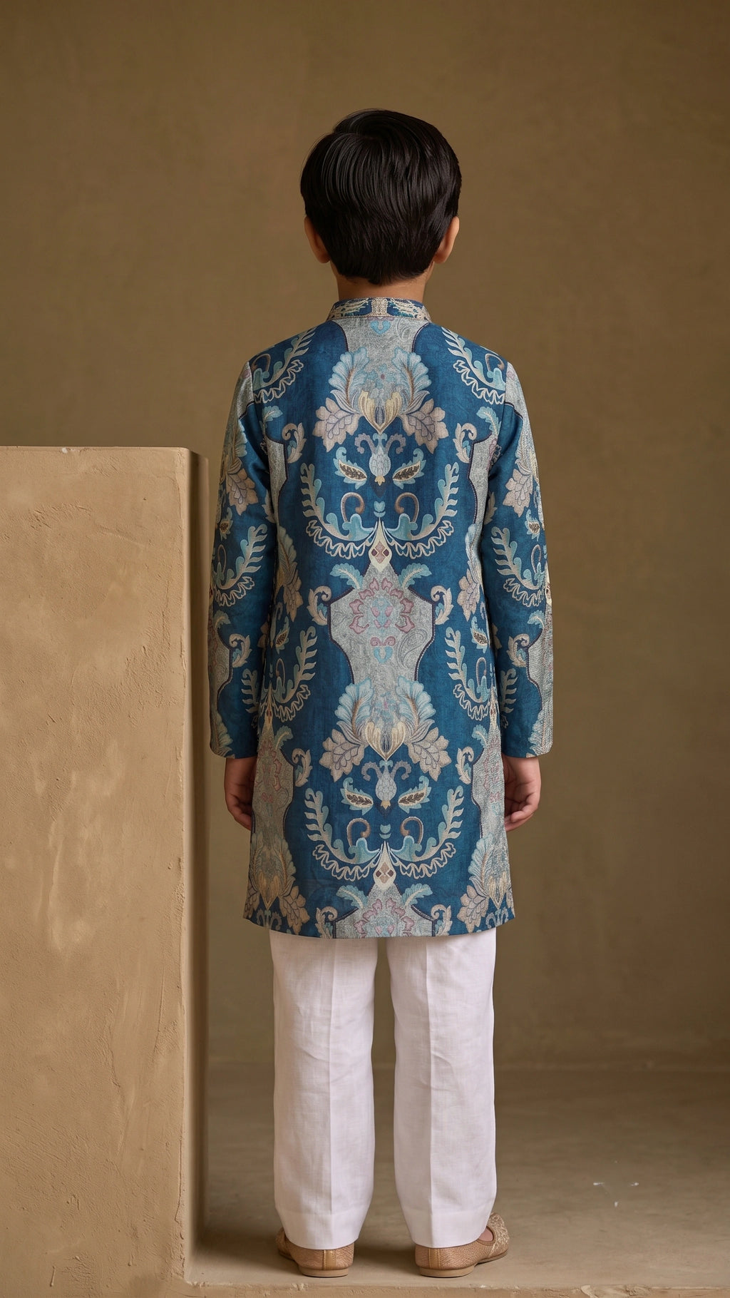 Boys Royal Teal Damask Embroidered Kurta Set with Broad-Fit White Trousers