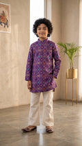 Boys Royal Purple Patola Print Kurta Set with Straight Trousers
