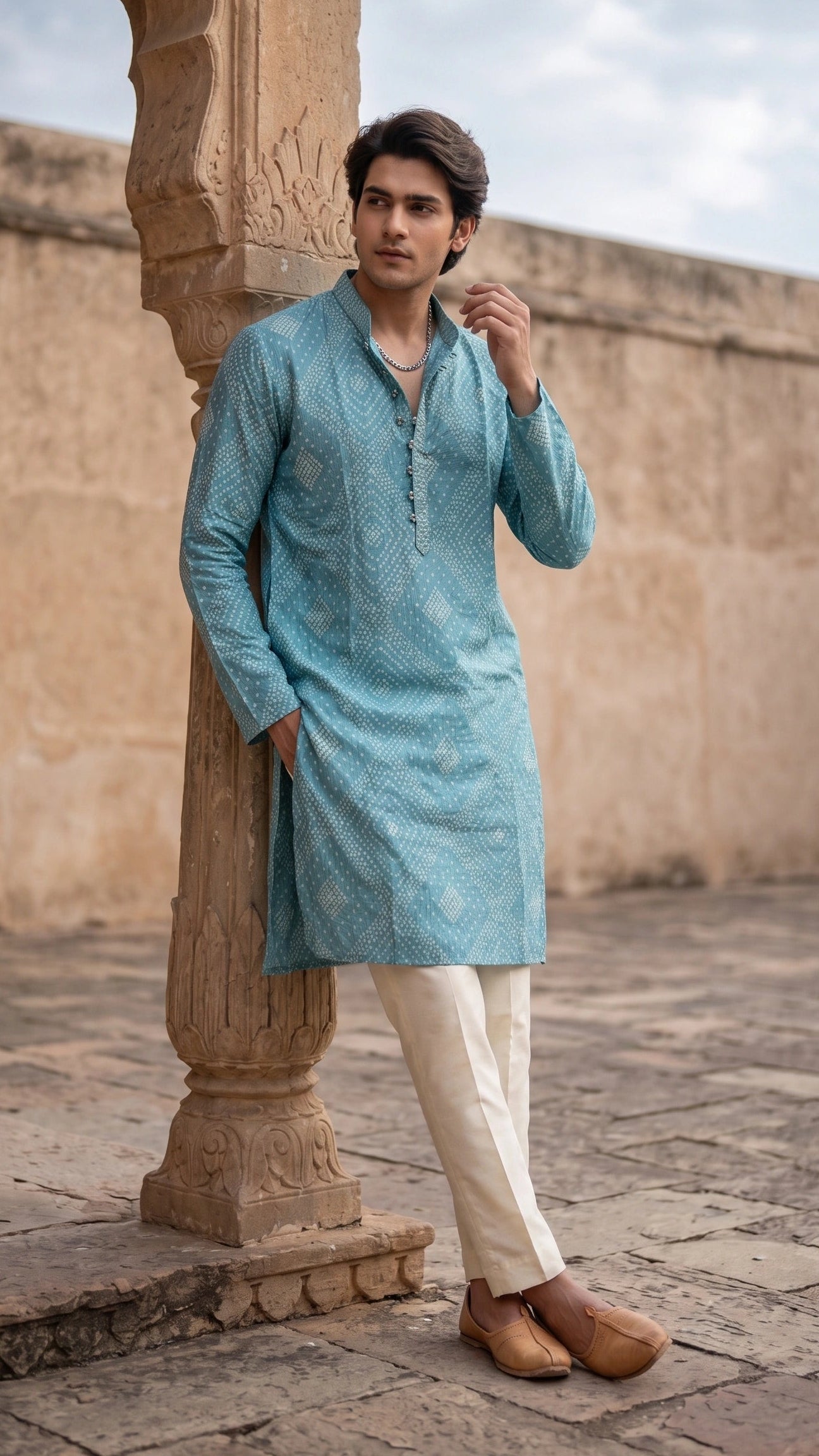 Sea Green Geometric Bandhani Printed Cotton Kurta