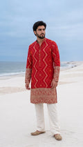 Crimson Red Bandhani Print Embroidered Silk Kurta Set