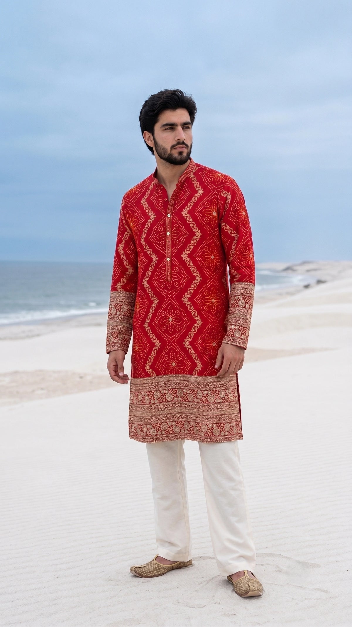 Crimson Red Bandhani Print Embroidered Silk Kurta Set