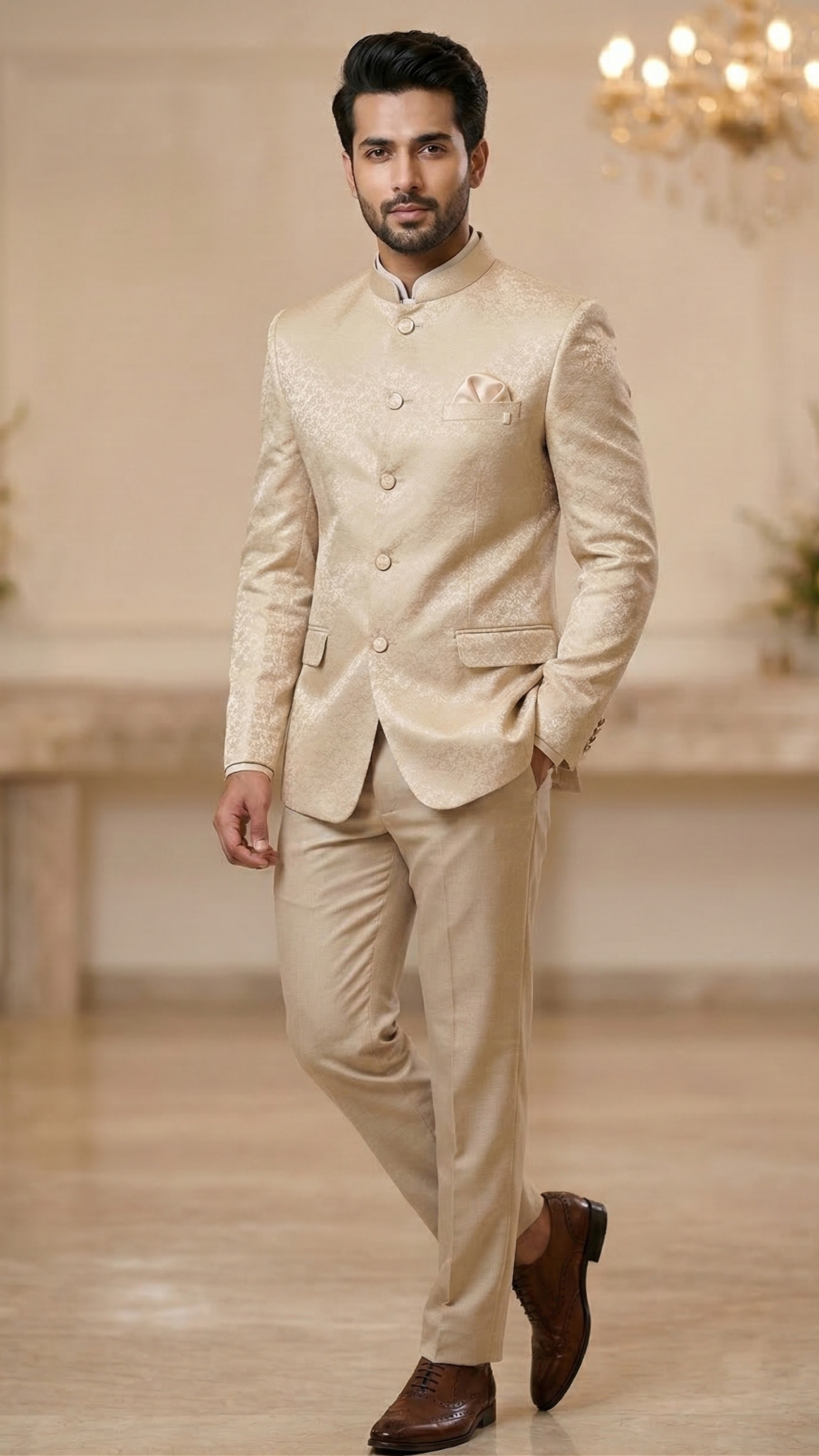 Champagne Gold Jacquard Floral Jodhpuri Bandhgala