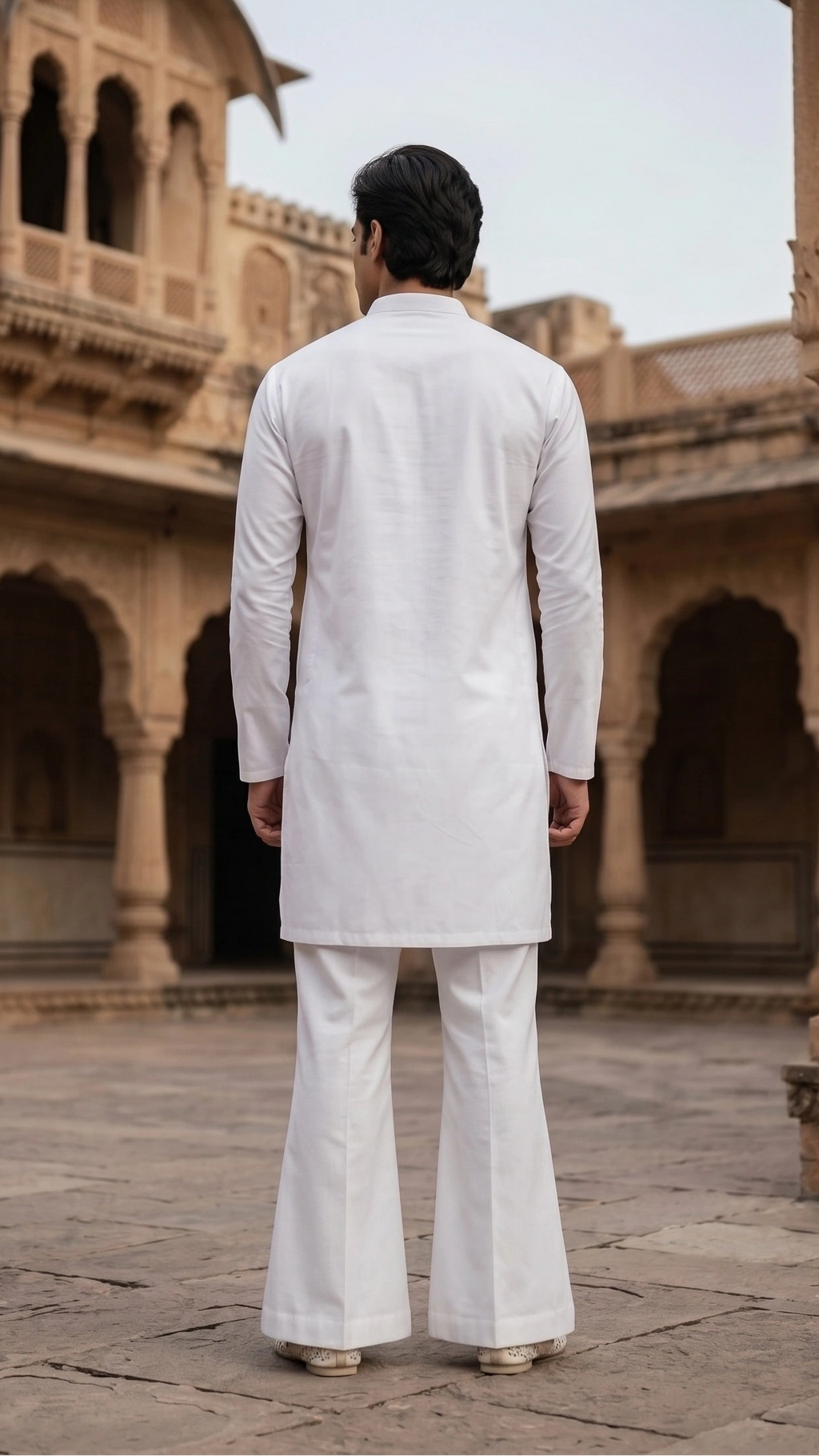 Azure Botanical Mandarin Collar Short Kurta in Crisp White