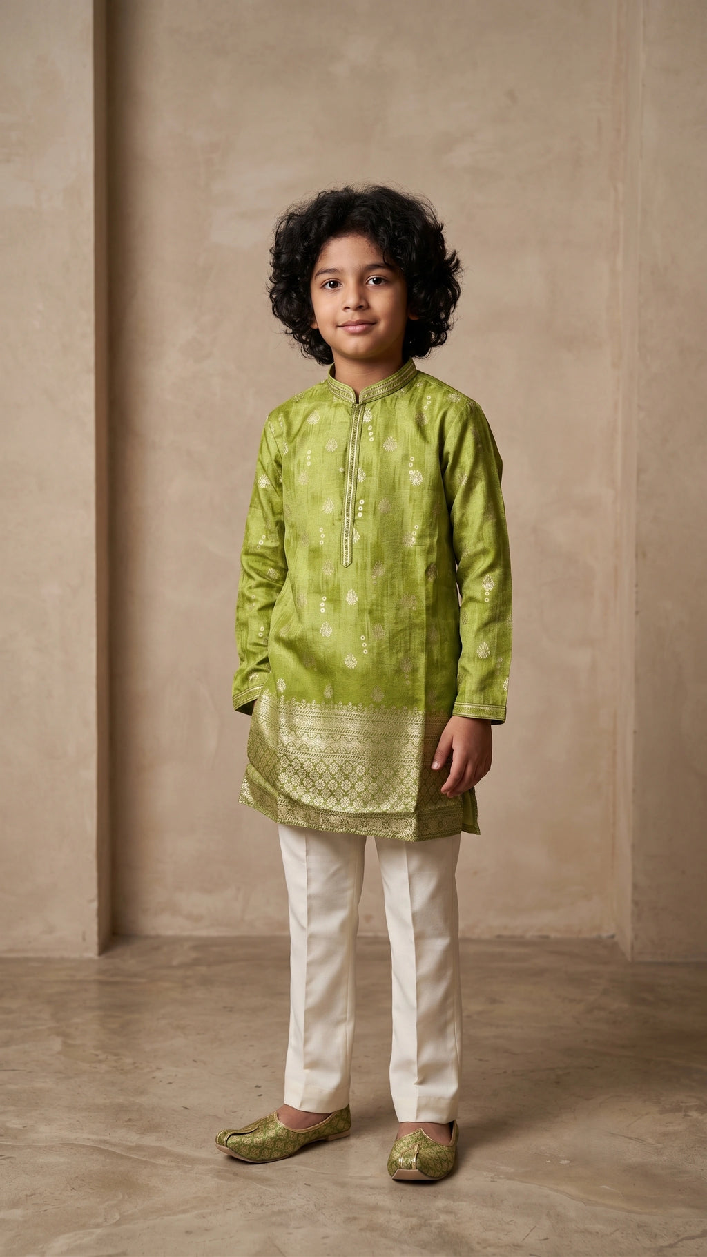 Boys Olive Green Foil Print Kurta Set with Straight-Fit Trousers