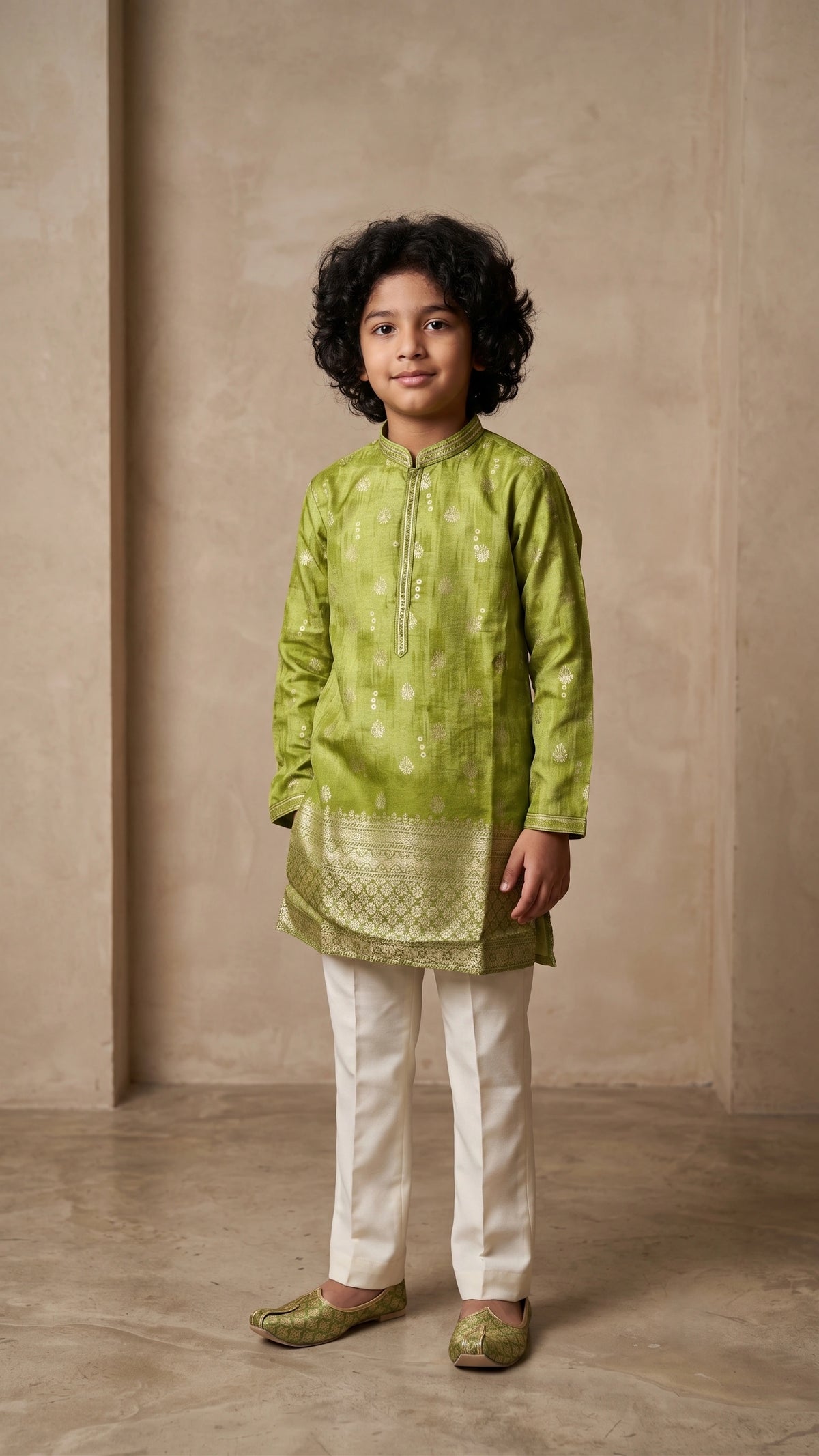 Boys Olive Green Foil Print Kurta Set with Straight-Fit Trousers