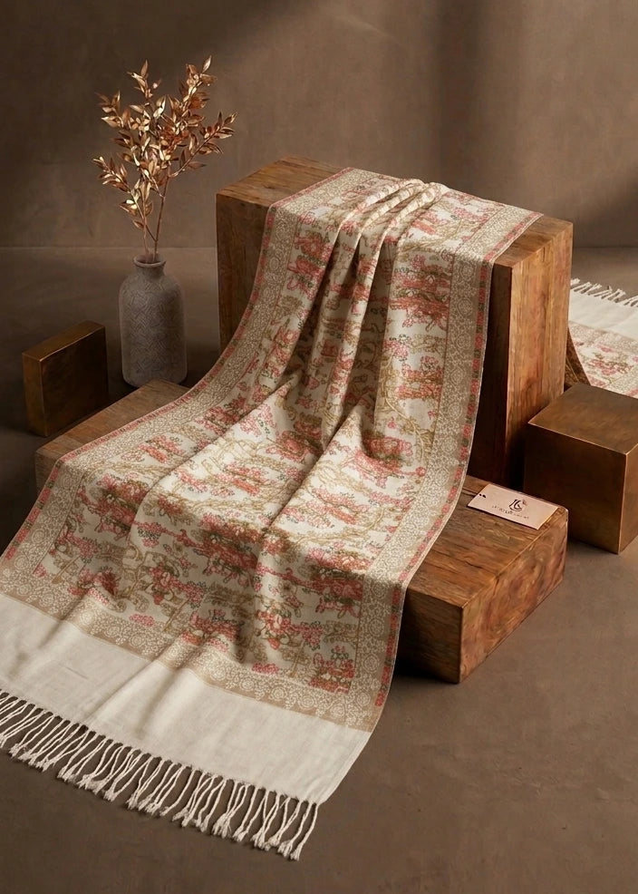 Heritage Ivory & Gold Jamawar Pashmina Stole