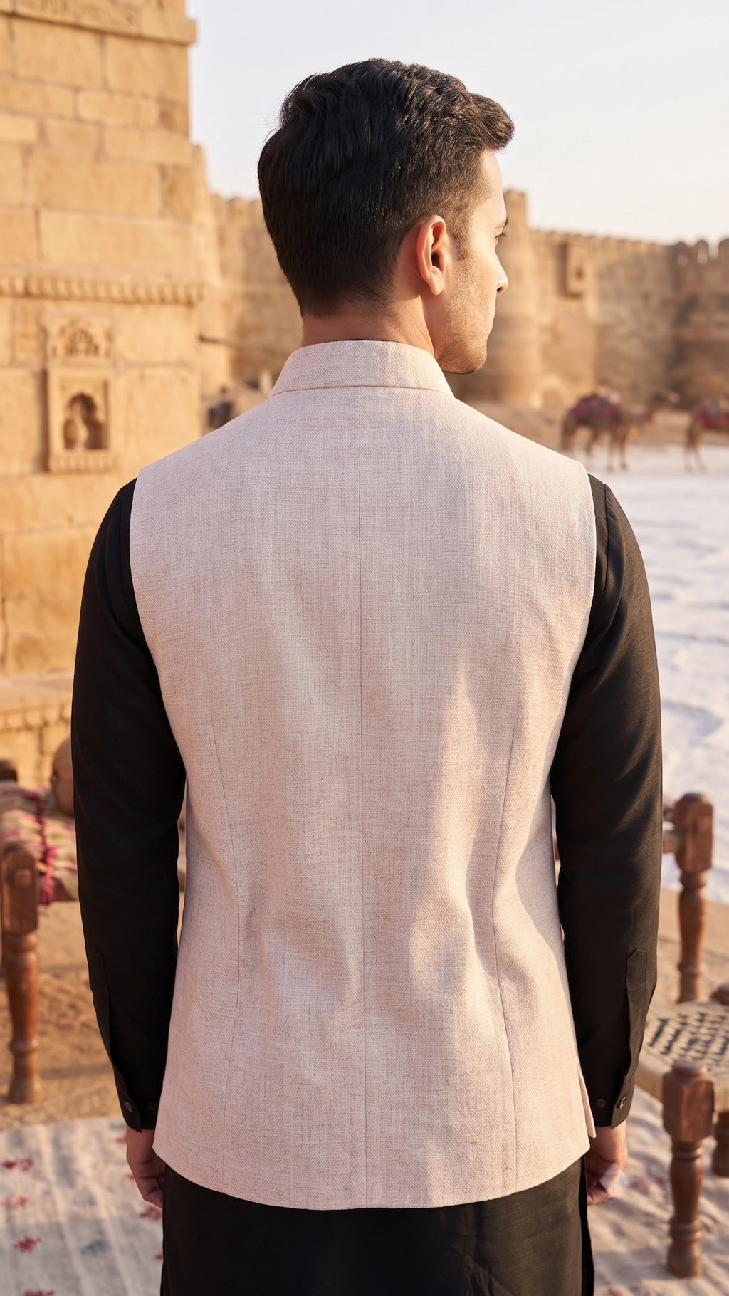 Men's Textured Beige Nehru Jacket