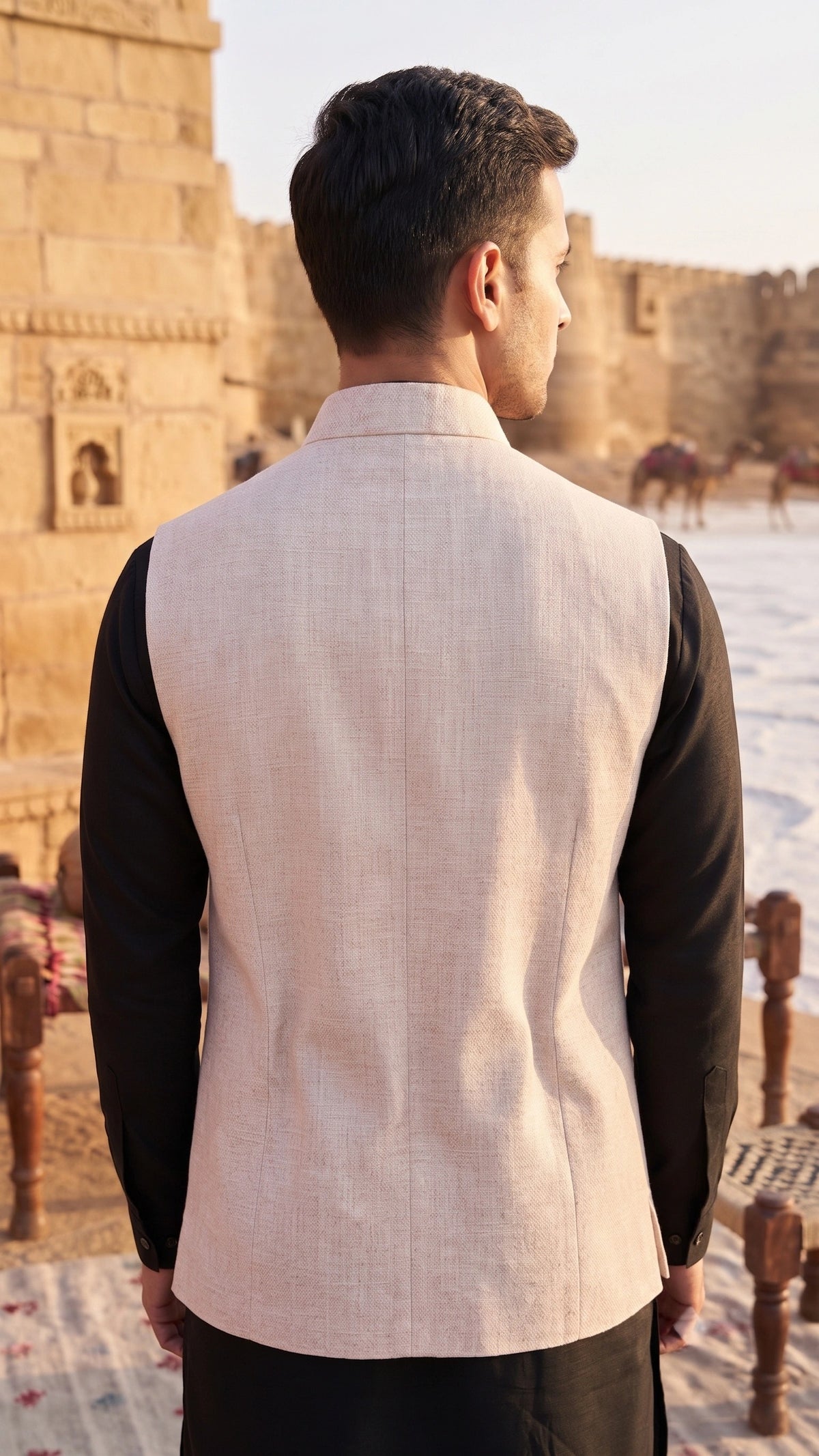 Men's Textured Beige Nehru Jacket