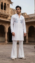 Azure Botanical Mandarin Collar Short Kurta in Crisp White