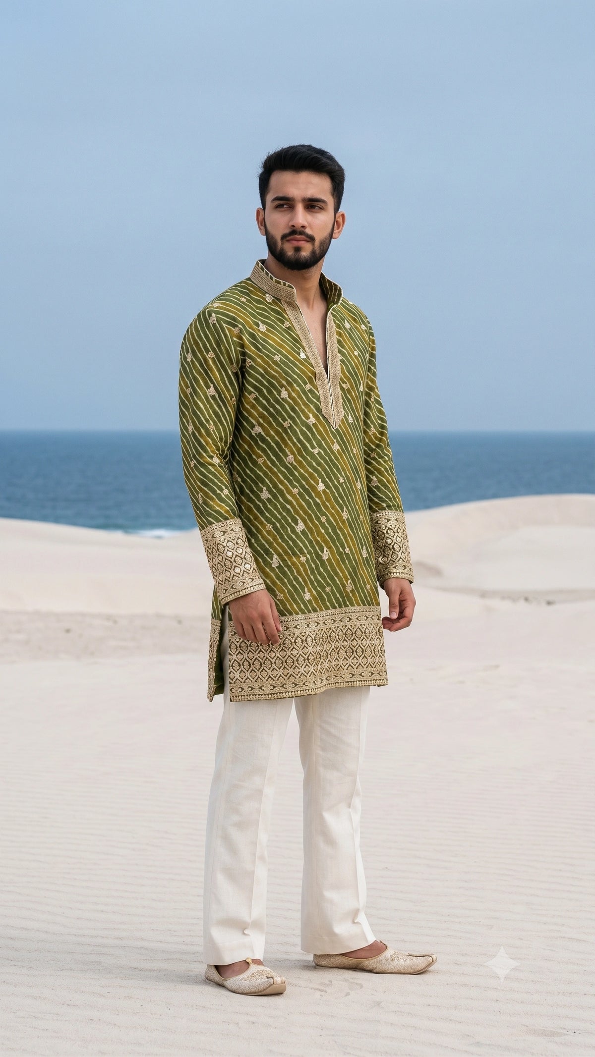 Regal Olive Handcrafted Leheriya Festive Kurta Set