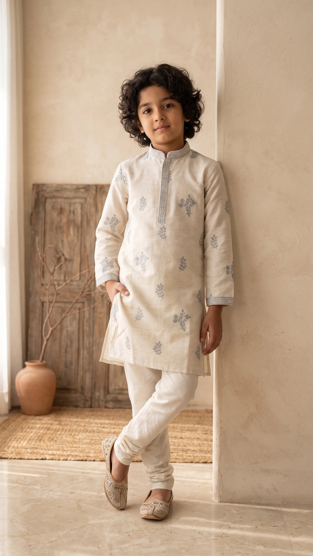 Off-White Embroidered Kurta Set for Boys with Mandarin Collar