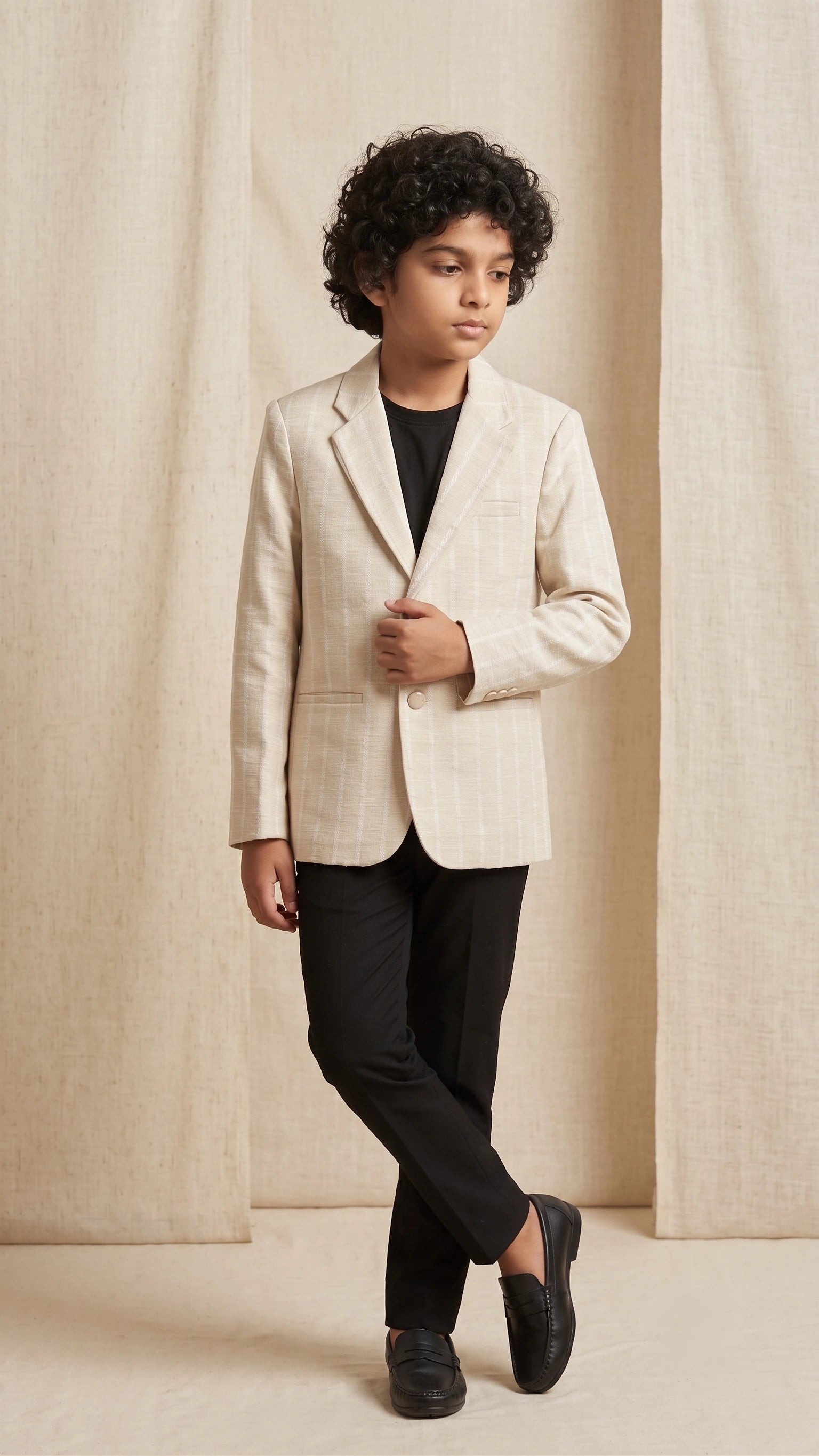Boys' Beige Textured Stripe Single-Breasted Blazer